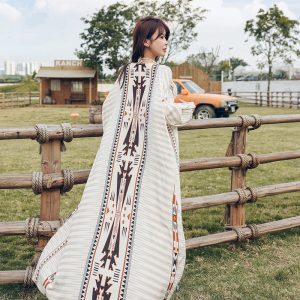 Women's Vacation-Style Loose Long Printed Sun Protection Coat Beach Cover-Up Swimsuit Outerwear Cardigan