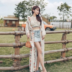 Women's Vacation-Style Loose Long Printed Sun Protection Coat Beach Cover-Up Swimsuit Outerwear Cardigan