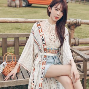 Women's Vacation-Style Loose Long Printed Sun Protection Coat Beach Cover-Up Swimsuit Outerwear Cardigan