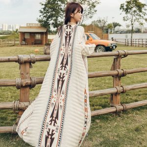 Women's Vacation-Style Loose Long Printed Sun Protection Coat Beach Cover-Up Swimsuit Outerwear Cardigan