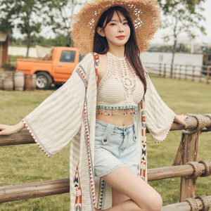Women's Vacation-Style Loose Long Printed Sun Protection Coat Beach Cover-Up Swimsuit Outerwear Cardigan