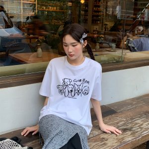 Women's Velvet Foam Dog Print Short Sleeve T-Shirt - Summer Loose Round Neck Pure Cotton Top in Trendy Y2K Style