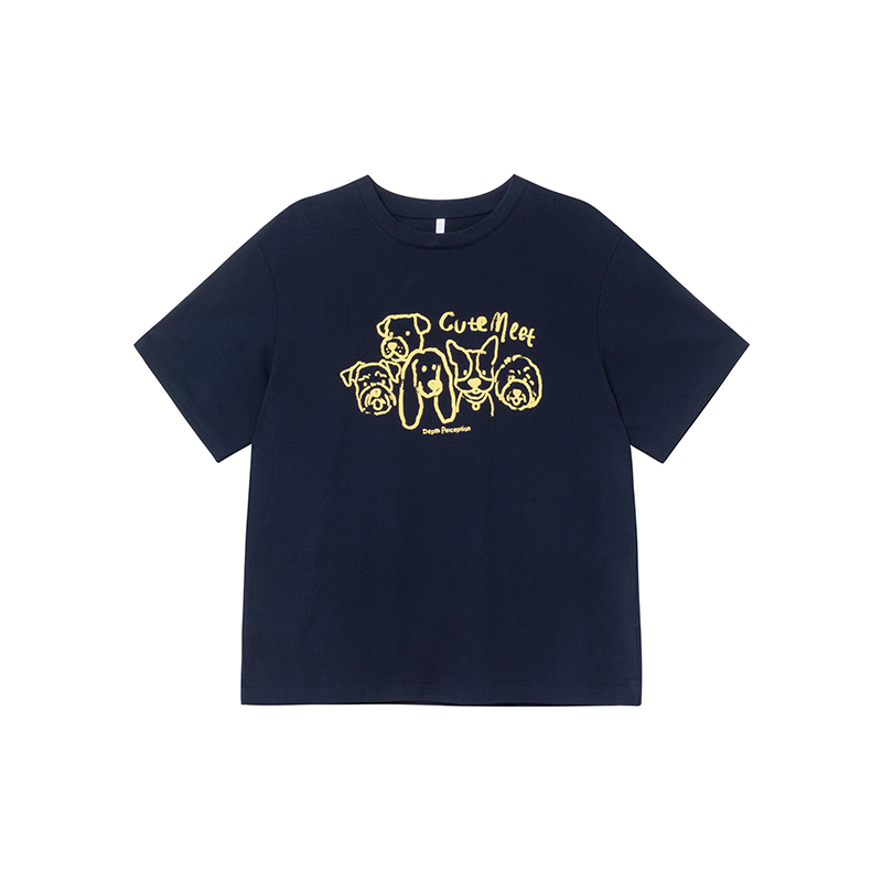 Women's Velvet Foam Dog Print Short Sleeve T-Shirt - Summer Loose Round Neck Pure Cotton Top in Trendy Y2K Style