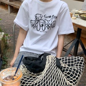 Women's Velvet Foam Dog Print Short Sleeve T-Shirt - Summer Loose Round Neck Pure Cotton Top in Trendy Y2K Style
