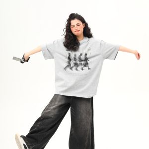 Women’s Vintage Blurry Portrait Print Short Sleeve T-Shirt - Summer Round Neck Loose Fit Couples Tee - 90s Inspired Fashion