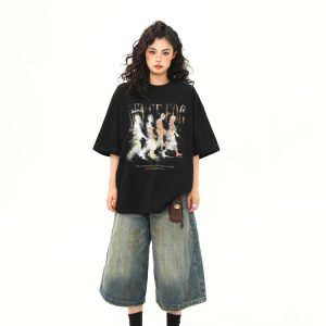 Women’s Vintage Blurry Portrait Print Short Sleeve T-Shirt - Summer Round Neck Loose Fit Couples Tee - 90s Inspired Fashion