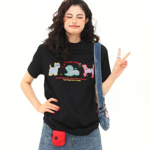 Women's Vintage Cartoon Dog Embroidery Shoulder T-Shirt, Slightly Loose Fit, Slimming Short Sleeve, Versatile Y2K Style