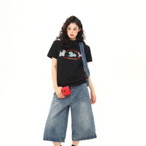 Women's Vintage Cartoon Dog Embroidery Shoulder T-Shirt, Slightly Loose Fit, Slimming Short Sleeve, Versatile Y2K Style