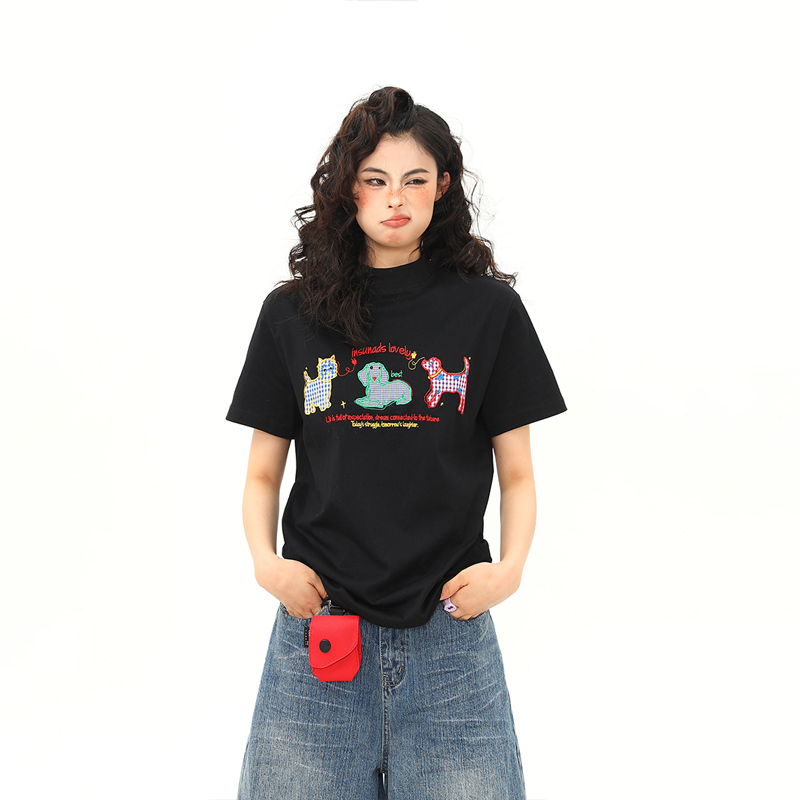 Women's Vintage Cartoon Dog Embroidery Shoulder T-Shirt, Slightly Loose Fit, Slimming Short Sleeve, Versatile Y2K Style