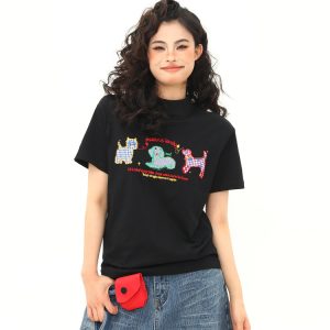 Women's Vintage Cartoon Dog Embroidery Shoulder T-Shirt, Slightly Loose Fit, Slimming Short Sleeve, Versatile Y2K Style