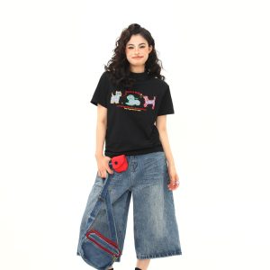 Women's Vintage Cartoon Dog Embroidery Shoulder T-Shirt, Slightly Loose Fit, Slimming Short Sleeve, Versatile Y2K Style