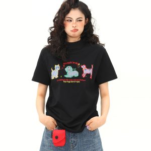 Women's Vintage Cartoon Dog Embroidery Shoulder T-Shirt, Slightly Loose Fit, Slimming Short Sleeve, Versatile Y2K Style