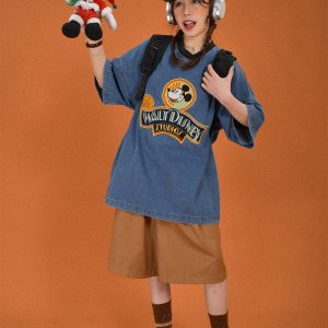 Women's Vintage Cartoon Embroidery Short Sleeve Denim T-Shirt - Loose Fit Round Neck Summer Top, Y2K Style