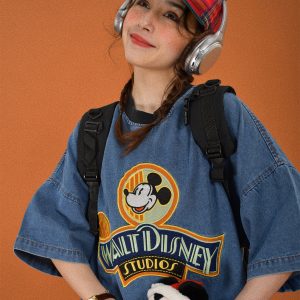 Women's Vintage Cartoon Embroidery Short Sleeve Denim T-Shirt - Loose Fit Round Neck Summer Top, Y2K Style