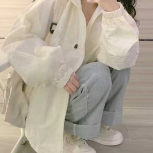 Women's Vintage Chic Lightweight White Sun Protection Jacket with Hood, Short Cardigan for Junior High and High School Students