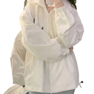Women's Vintage Chic Lightweight White Sun Protection Jacket with Hood, Short Cardigan for Junior High and High School Students