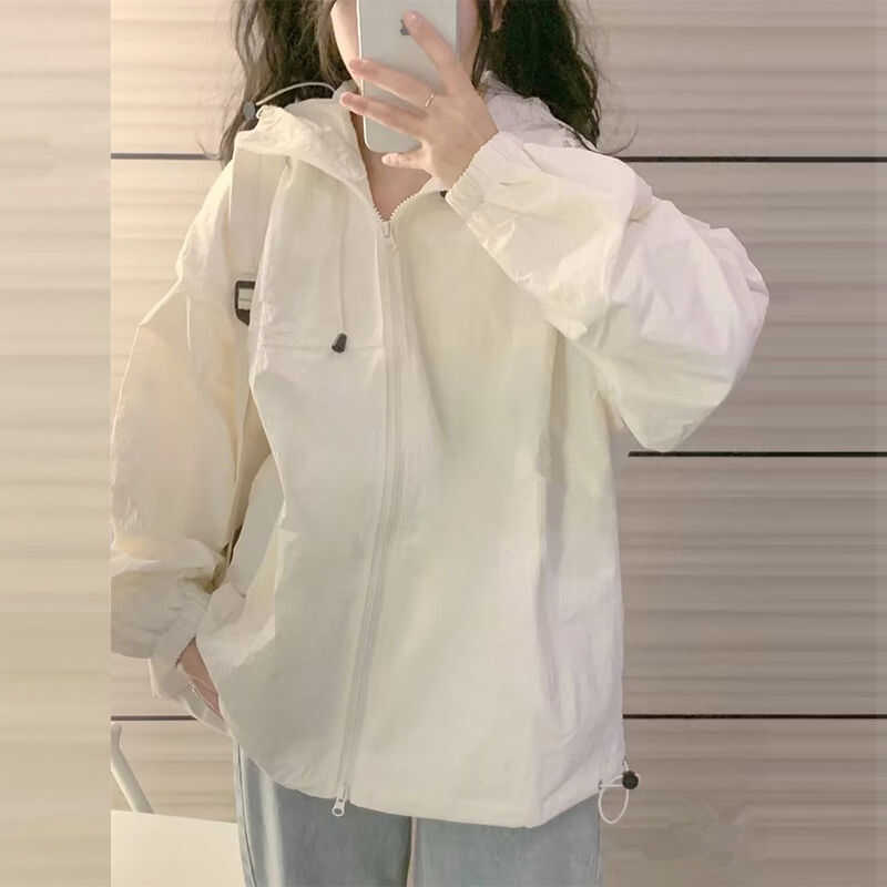 Women's Vintage Chic Lightweight White Sun Protection Jacket with Hood, Short Cardigan for Junior High and High School Students