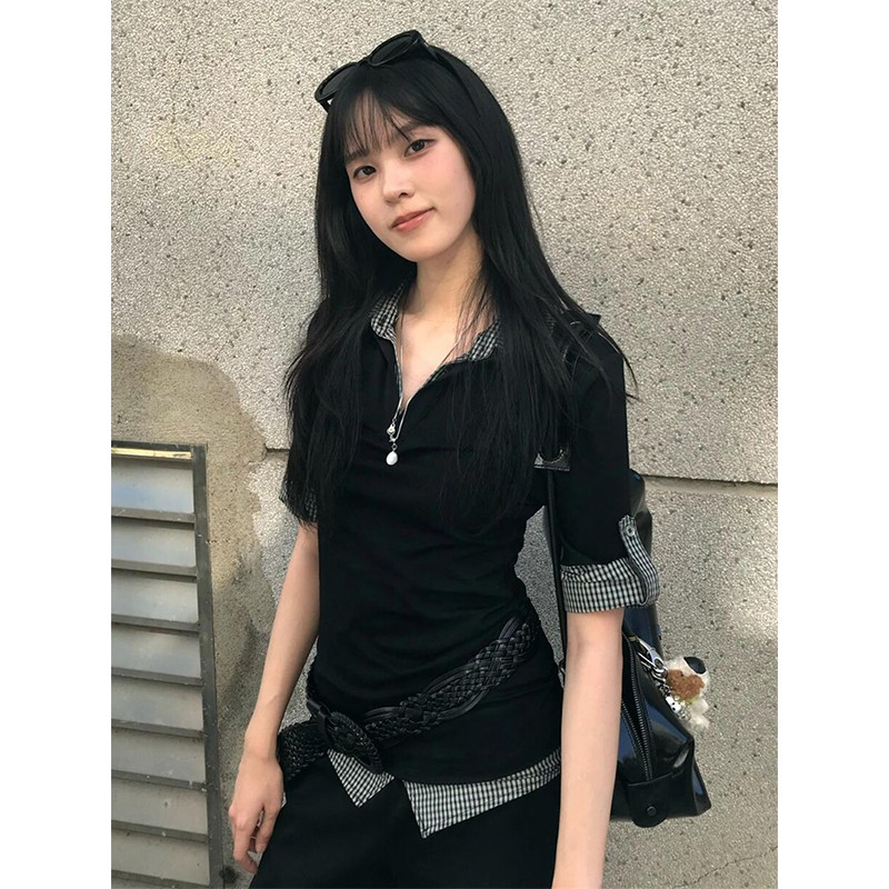 Women's Vintage Color-Blocked Plaid Polo Shirt - Short Sleeve Slim Fit Summer Top - Trendy College Style Fake Two-Piece