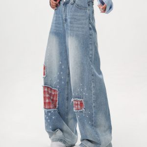 Women's Vintage Distressed Embroidered Denim Pants - Loose Straight Micro-Flare Wide-Leg Style, Team Captain Beer Graphic, 90s Casual Fashion