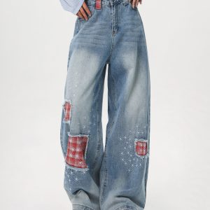 Women's Vintage Distressed Embroidered Denim Pants - Loose Straight Micro-Flare Wide-Leg Style, Team Captain Beer Graphic, 90s Casual Fashion