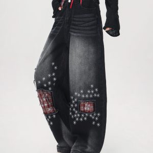 Women's Vintage Distressed Embroidered Denim Pants - Loose Straight Micro-Flare Wide-Leg Style, Team Captain Beer Graphic, 90s Casual Fashion