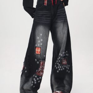 Women's Vintage Distressed Embroidered Denim Pants - Loose Straight Micro-Flare Wide-Leg Style, Team Captain Beer Graphic, 90s Casual Fashion