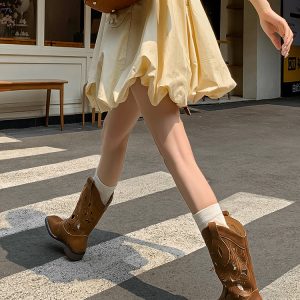 Women's Vintage Embroidered Floral Western Cowboy Boots - Mid-Heel Short Riding Boots with V-Cut Design