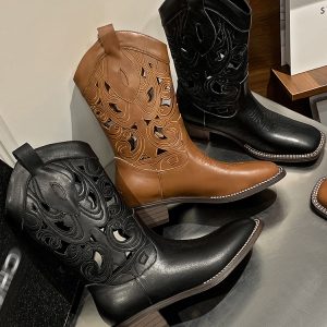 Women's Vintage Embroidered Floral Western Cowboy Boots - Mid-Heel Short Riding Boots with V-Cut Design