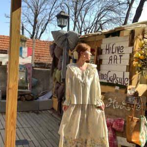 Women's Vintage Green Ruffled Linen Shirt and Floral A-Line Skirt Set - Summer Fashion, Boho Style, Perfect for 90s Inspired Looks