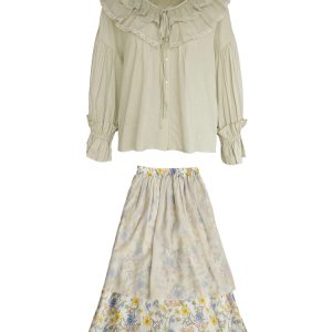 Women's Vintage Green Ruffled Linen Shirt and Floral A-Line Skirt Set - Summer Fashion, Boho Style, Perfect for 90s Inspired Looks