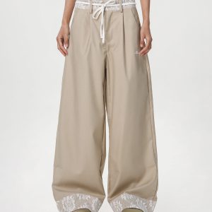 Women's Vintage Khaki Lace Splicing Work Pants - Casual Straight Micro-Flare Wide-Leg Trousers for Y2K Style