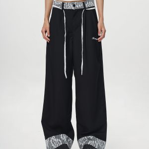 Women's Vintage Khaki Lace Splicing Work Pants - Casual Straight Micro-Flare Wide-Leg Trousers for Y2K Style