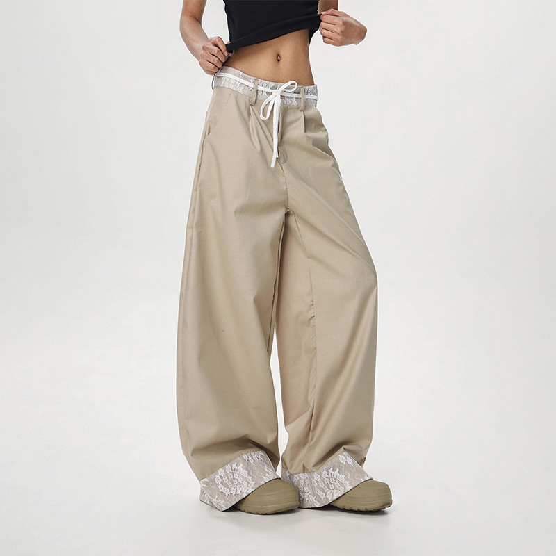 Women's Vintage Khaki Lace Splicing Work Pants - Casual Straight Micro-Flare Wide-Leg Trousers for Y2K Style