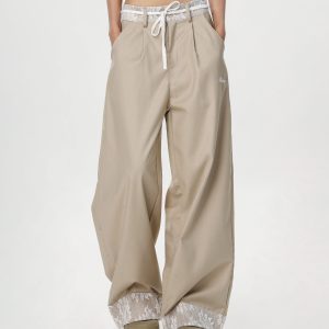 Women's Vintage Khaki Lace Splicing Work Pants - Casual Straight Micro-Flare Wide-Leg Trousers for Y2K Style