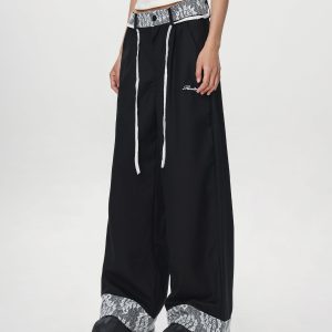 Women's Vintage Khaki Lace Splicing Work Pants - Casual Straight Micro-Flare Wide-Leg Trousers for Y2K Style