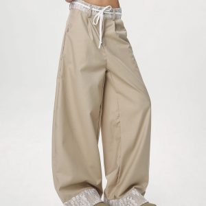 Women's Vintage Khaki Lace Splicing Work Pants - Casual Straight Micro-Flare Wide-Leg Trousers for Y2K Style