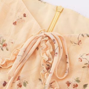 Women's Vintage Lace-Up Yellow Floral Long Dress - 2025 Summer Vacation Style, Boho Chic, French Inspired Fashion