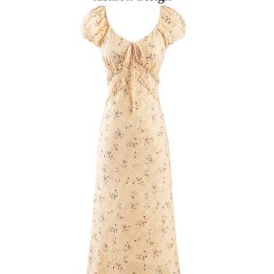Women's Vintage Lace-Up Yellow Floral Long Dress - 2025 Summer Vacation Style, Boho Chic, French Inspired Fashion