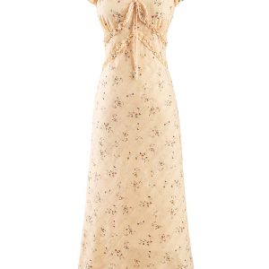 Women's Vintage Lace-Up Yellow Floral Long Dress - 2025 Summer Vacation Style, Boho Chic, French Inspired Fashion