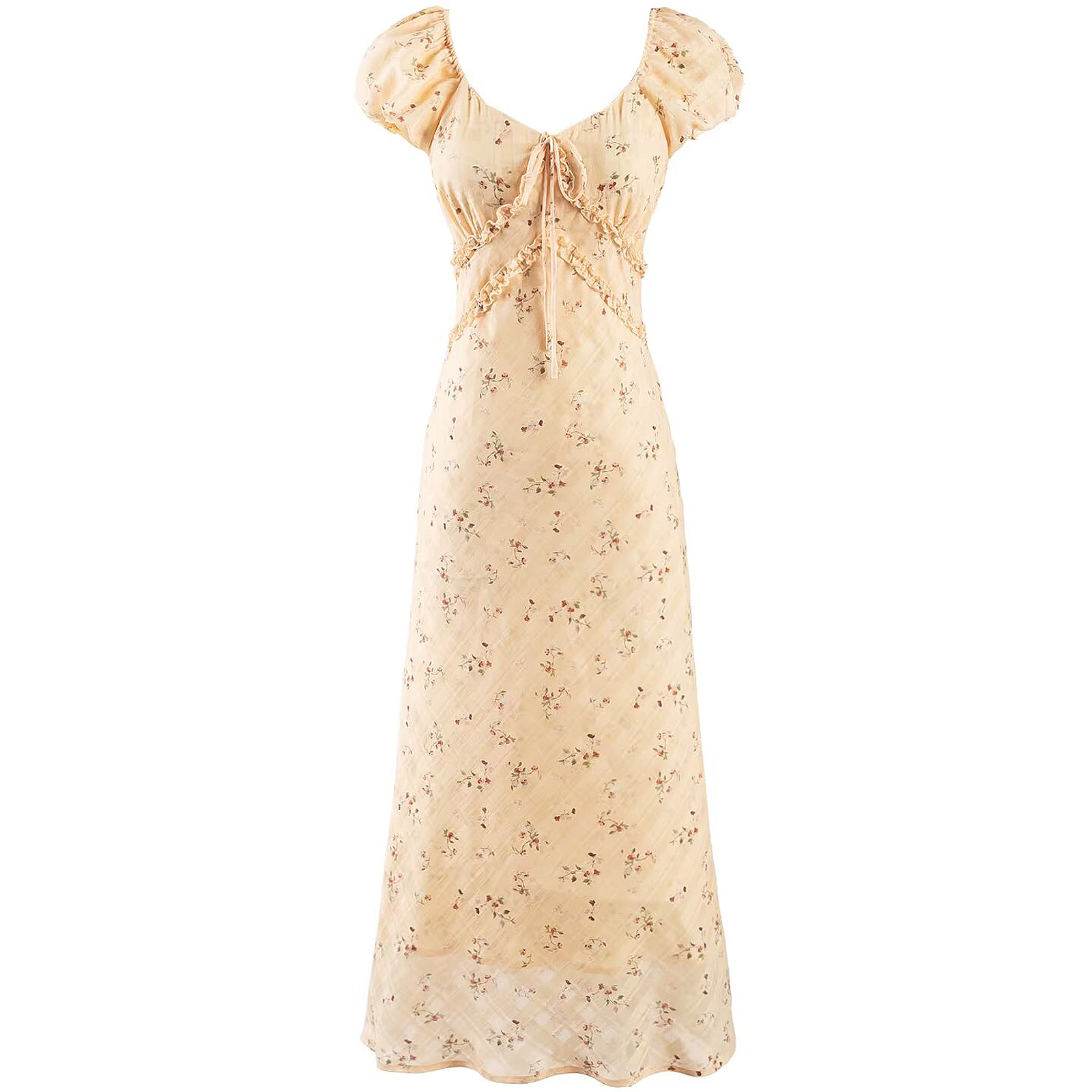 Women's Vintage Lace-Up Yellow Floral Long Dress - 2025 Summer Vacation Style, Boho Chic, French Inspired Fashion