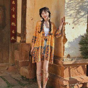 Women's Vintage Printed Cardigan for Thailand Travel - Sun Protection Clothing for Beach Outings and Casual Outfits