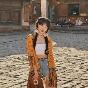 Women's Vintage Printed Cardigan for Thailand Travel - Sun Protection Clothing for Beach Outings and Casual Outfits