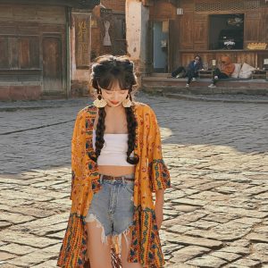 Women's Vintage Printed Cardigan for Thailand Travel - Sun Protection Clothing for Beach Outings and Casual Outfits