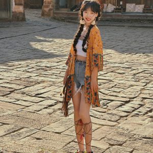 Women's Vintage Printed Cardigan for Thailand Travel - Sun Protection Clothing for Beach Outings and Casual Outfits