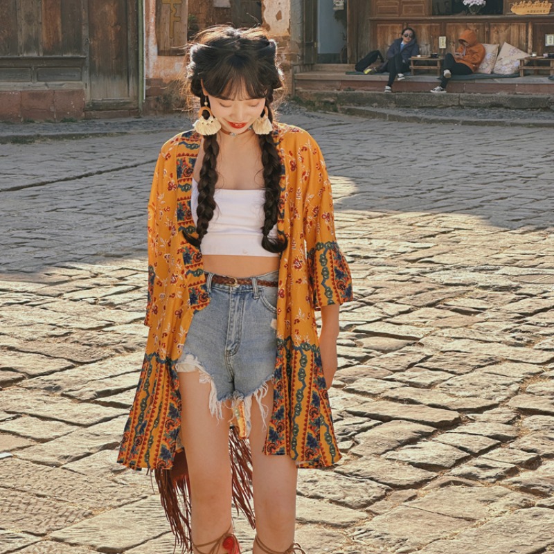 Women's Vintage Printed Cardigan for Thailand Travel - Sun Protection Clothing for Beach Outings and Casual Outfits