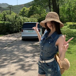 Women's Vintage Ripped Denim Jumpsuit - Summer Stylish Slimming Cool Sister Look, 90s Inspired Fashion