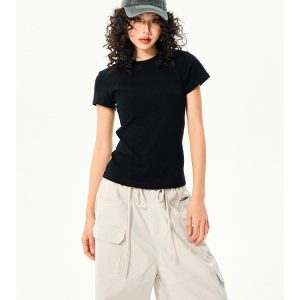 Women’s Vintage Slim Fit Crop Top - Basic Versatile Solid Color Short Sleeve T-Shirt for Summer Casual Style