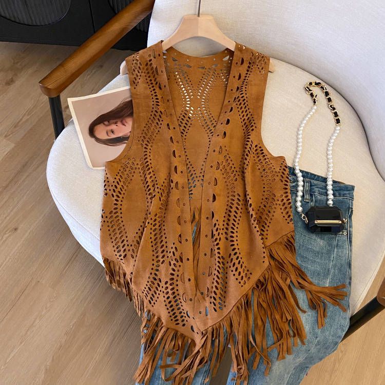 Women's Vintage Western Cowboy Style Suede Fringe Hollow-Out Vest for Travel - Boho Chic, Festival Ready