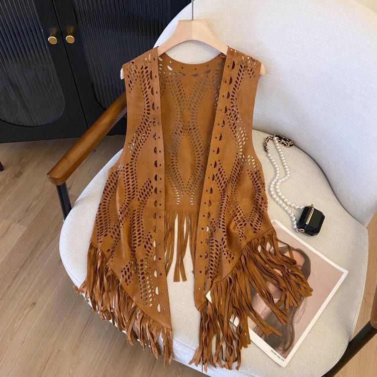 Women's Vintage Western Cowboy Style Suede Fringe Hollow-Out Vest for Travel - Boho Chic, Festival Ready