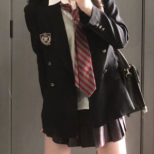 Women's Waist-Defined Pudding Bear JK Uniform Set Jacket - Small Size, Trendy 2025 Style, Perfect for Y2K and Korean Fashion